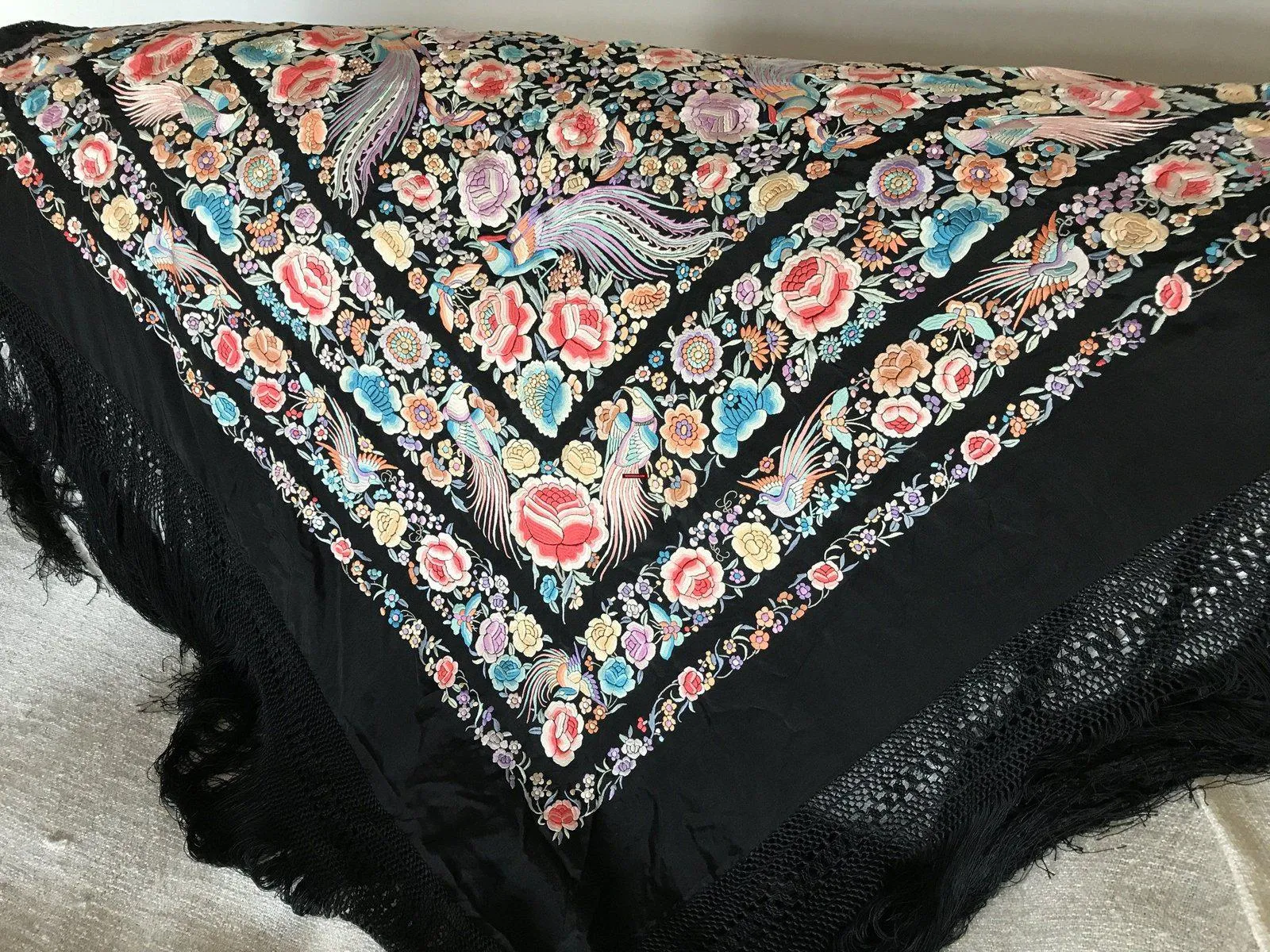 1152 Antique Double Sided Embroidery Manila Manton - Cantonese Embroidery with Peacocks
