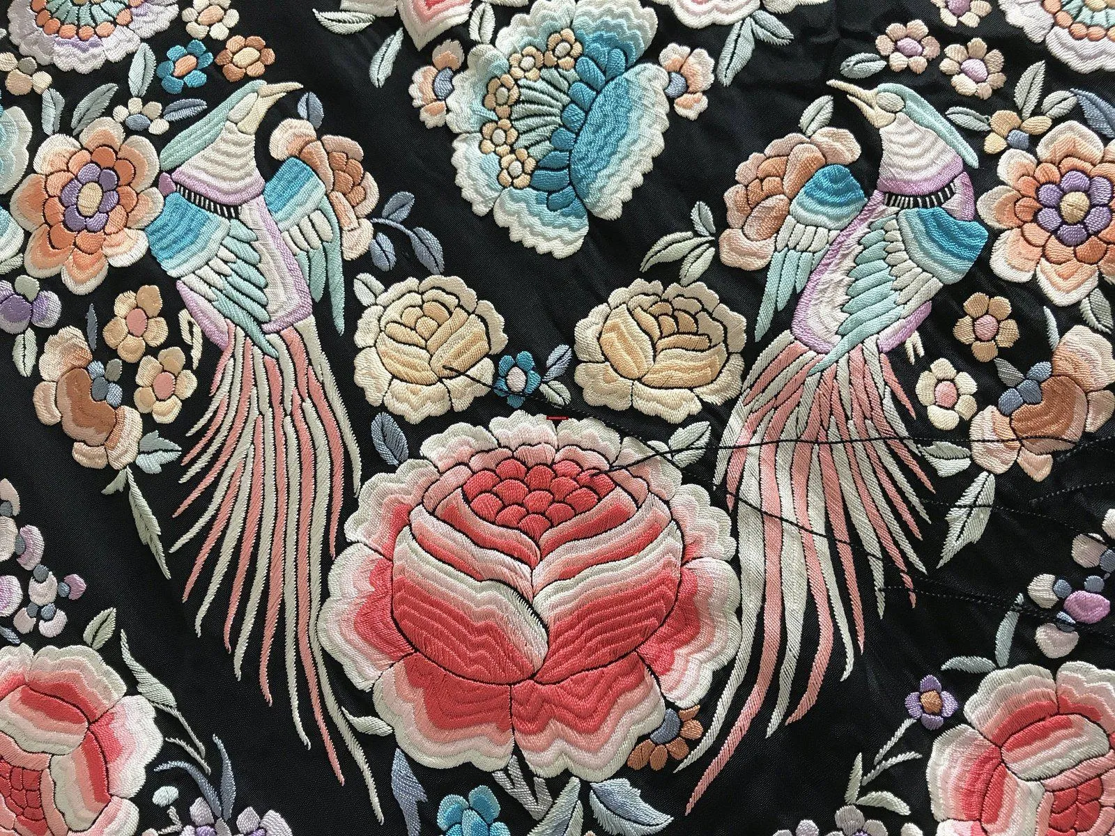 1152 Antique Double Sided Embroidery Manila Manton - Cantonese Embroidery with Peacocks