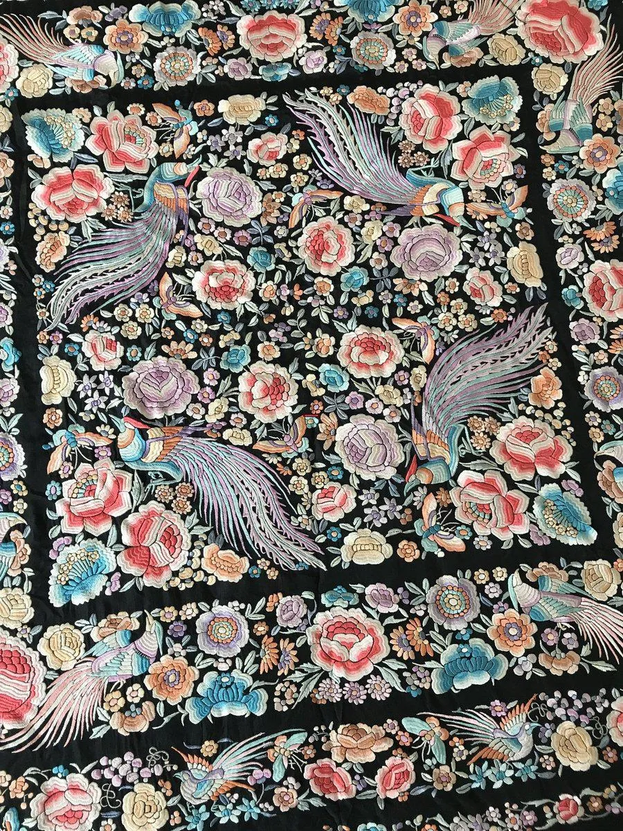 1152 Antique Double Sided Embroidery Manila Manton - Cantonese Embroidery with Peacocks