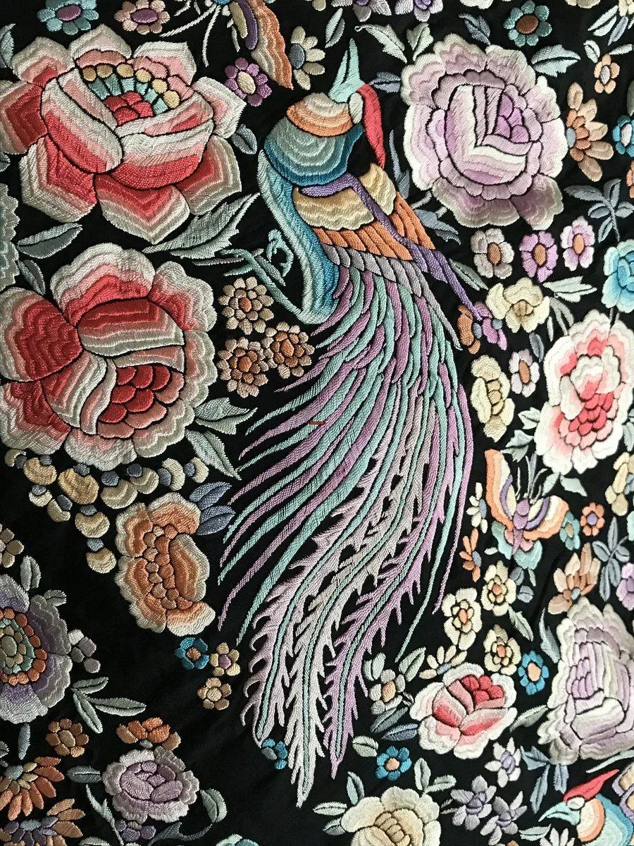 1152 Antique Double Sided Embroidery Manila Manton - Cantonese Embroidery with Peacocks