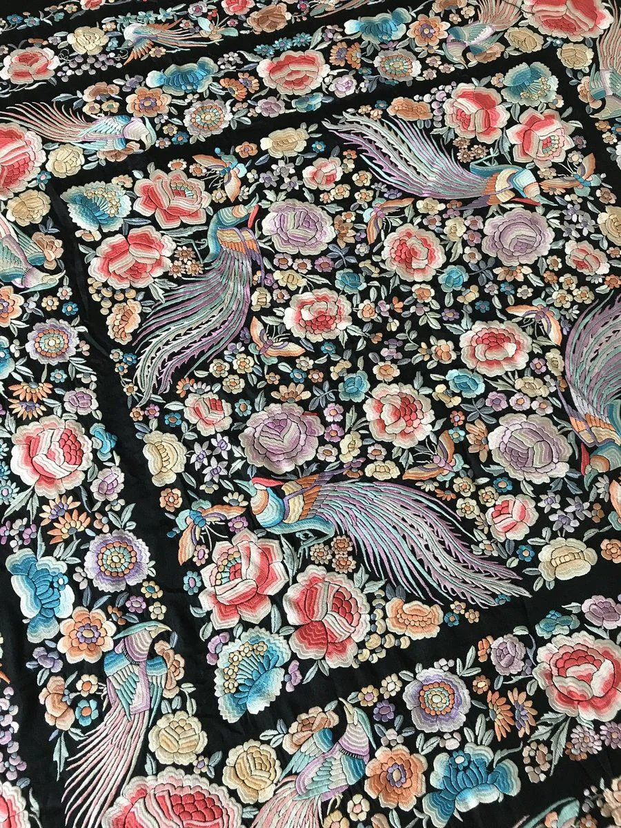 1152 Antique Double Sided Embroidery Manila Manton - Cantonese Embroidery with Peacocks