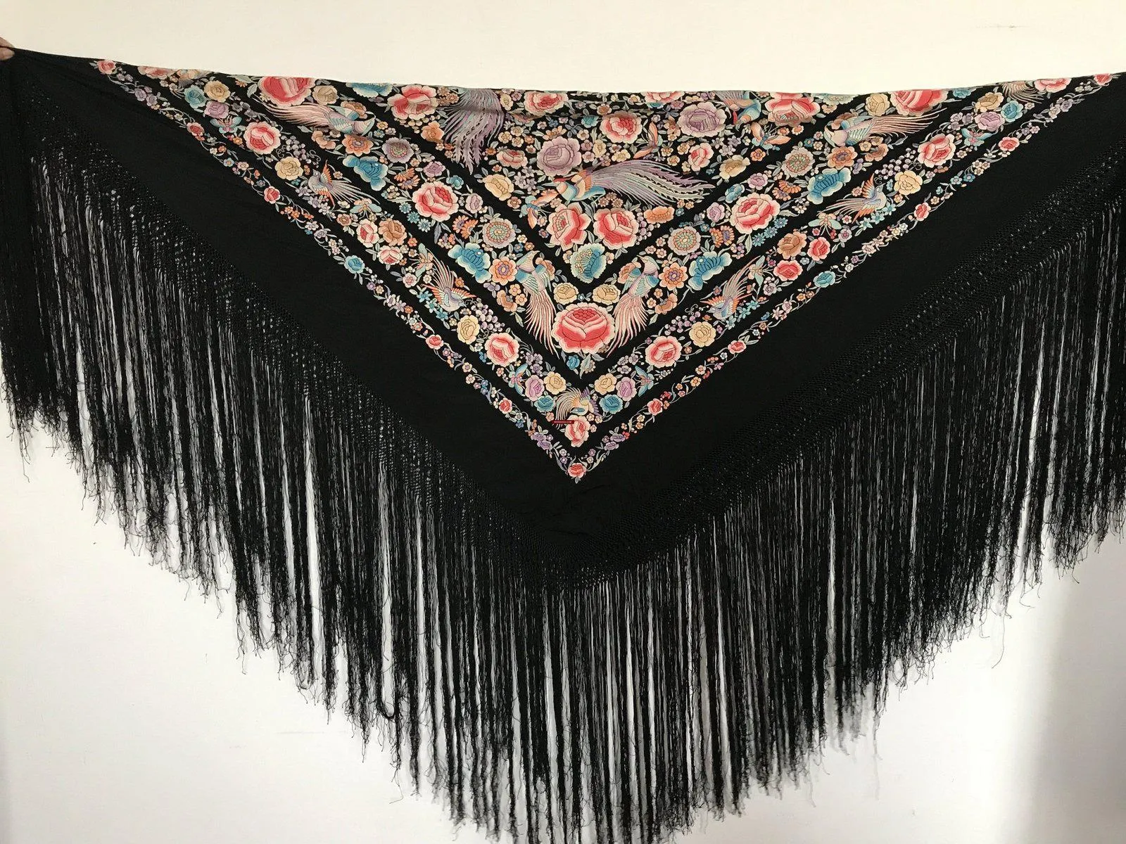 1152 Antique Double Sided Embroidery Manila Manton - Cantonese Embroidery with Peacocks