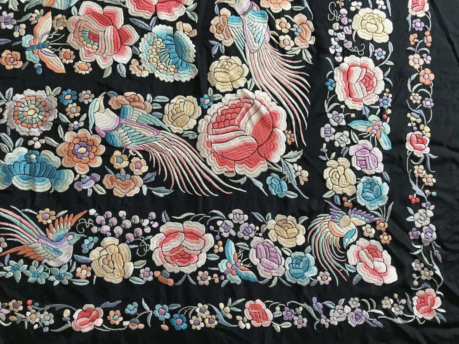 1152 Antique Double Sided Embroidery Manila Manton - Cantonese Embroidery with Peacocks