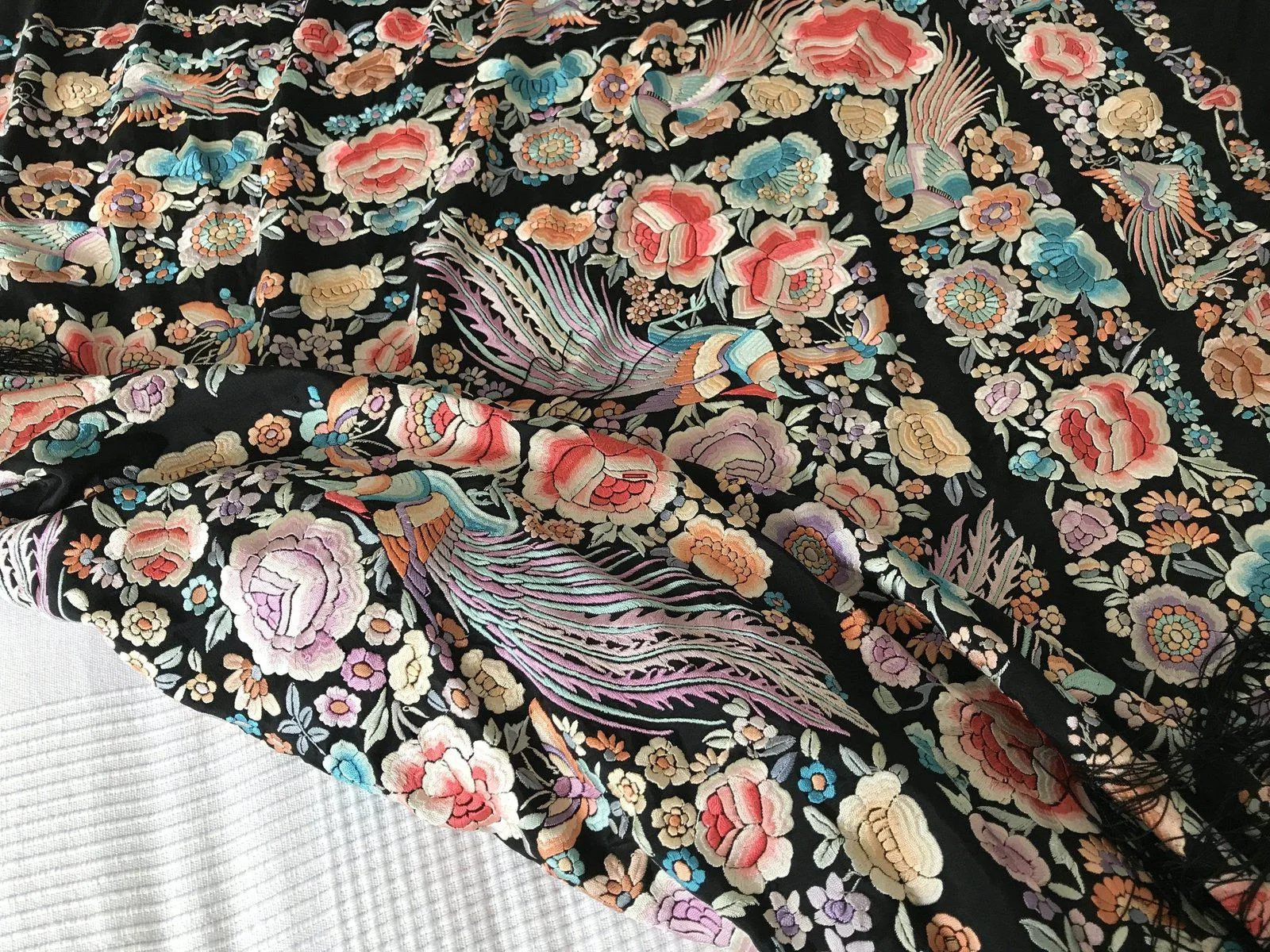 1152 Antique Double Sided Embroidery Manila Manton - Cantonese Embroidery with Peacocks