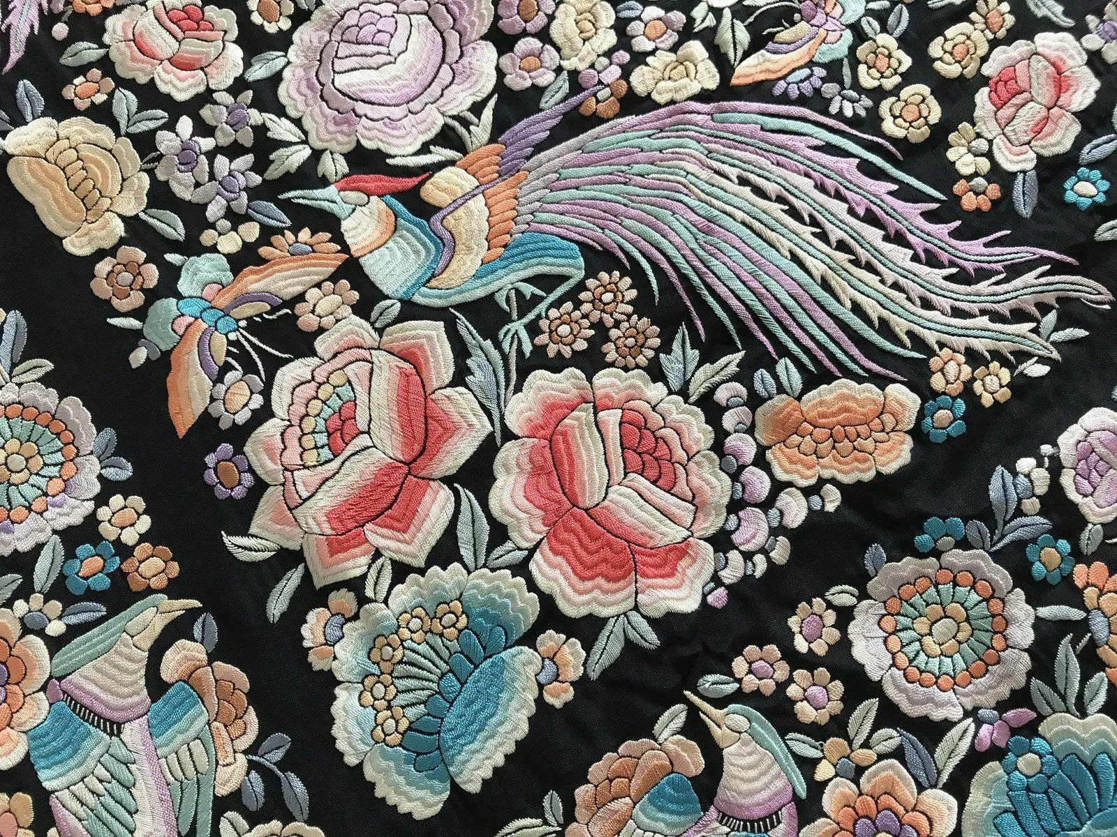 1152 Antique Double Sided Embroidery Manila Manton - Cantonese Embroidery with Peacocks