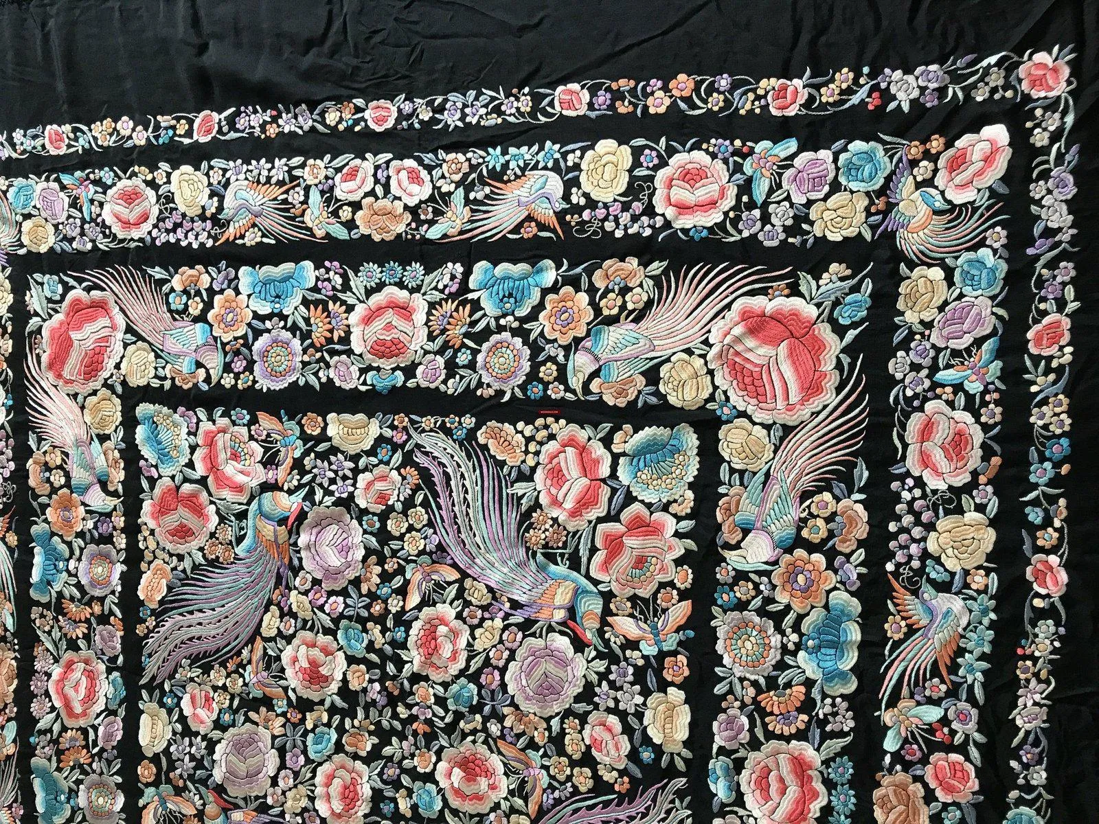 1152 Antique Double Sided Embroidery Manila Manton - Cantonese Embroidery with Peacocks