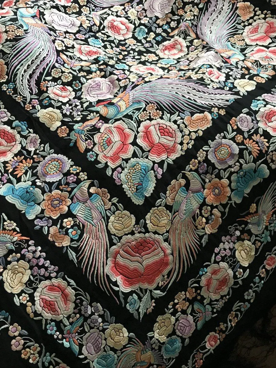 1152 Antique Double Sided Embroidery Manila Manton - Cantonese Embroidery with Peacocks