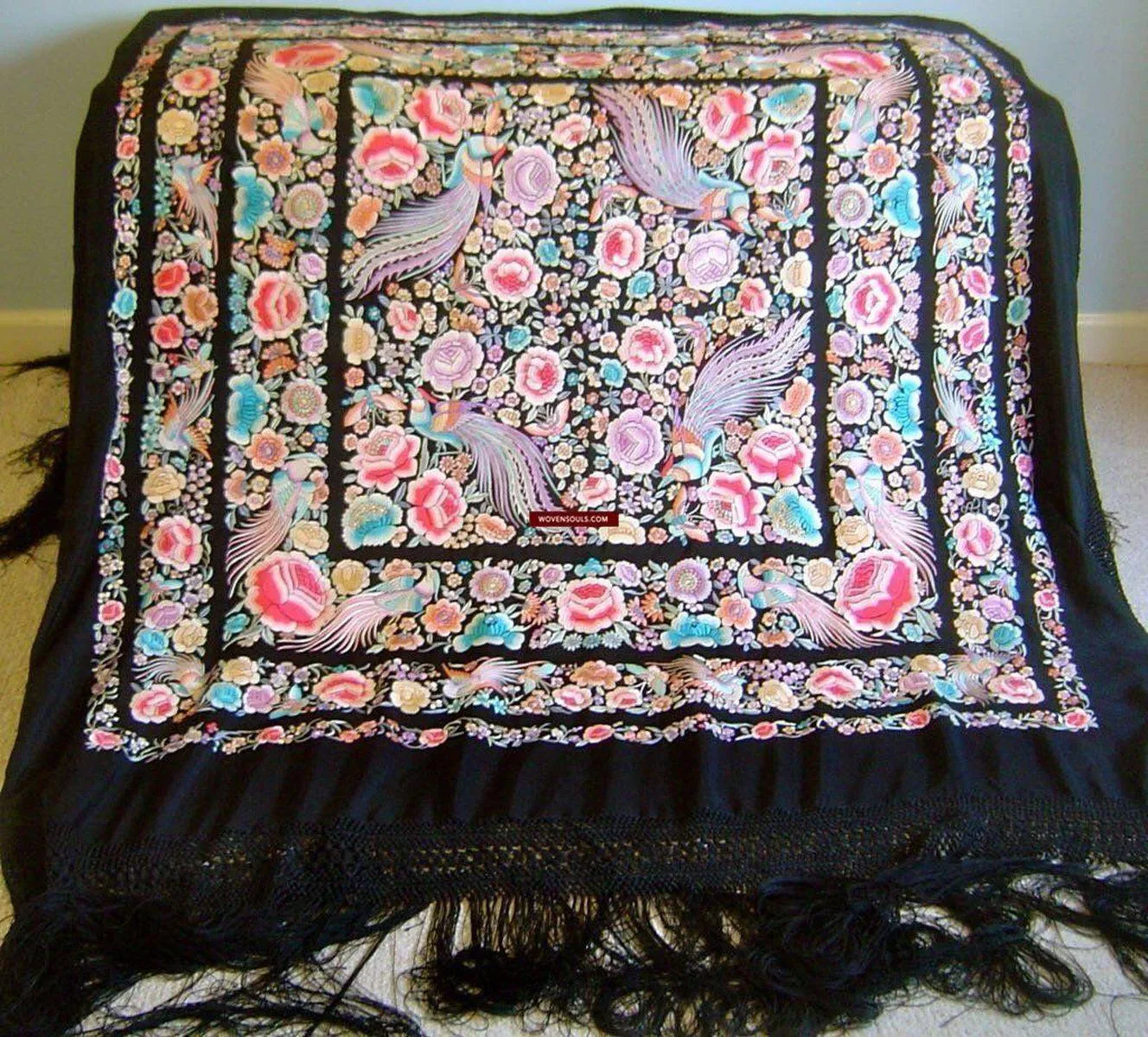 1152 Antique Double Sided Embroidery Manila Manton - Cantonese Embroidery with Peacocks