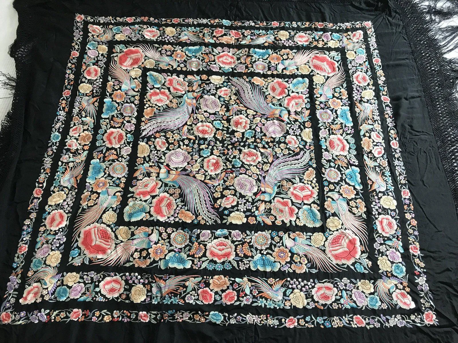 1152 Antique Double Sided Embroidery Manila Manton - Cantonese Embroidery with Peacocks