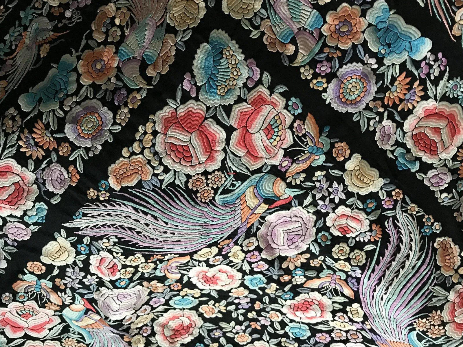 1152 Antique Double Sided Embroidery Manila Manton - Cantonese Embroidery with Peacocks