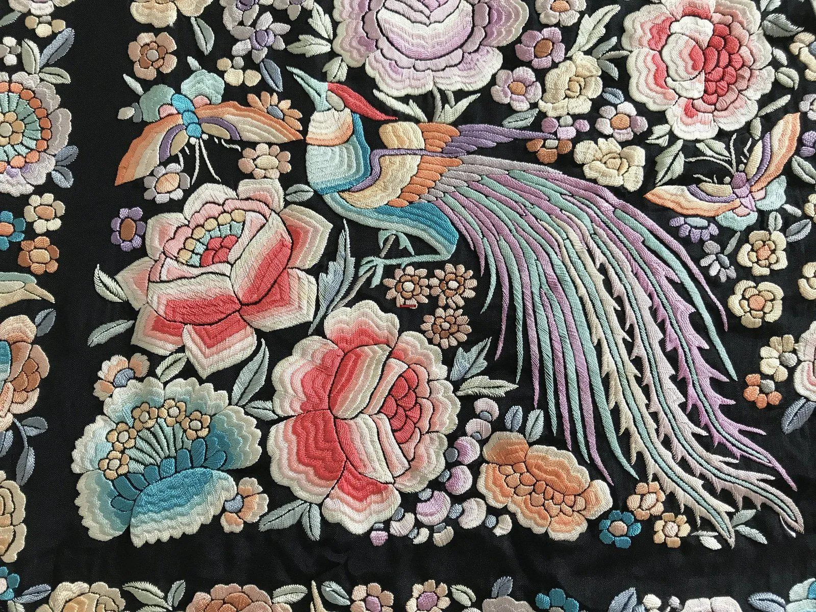 1152 Antique Double Sided Embroidery Manila Manton - Cantonese Embroidery with Peacocks