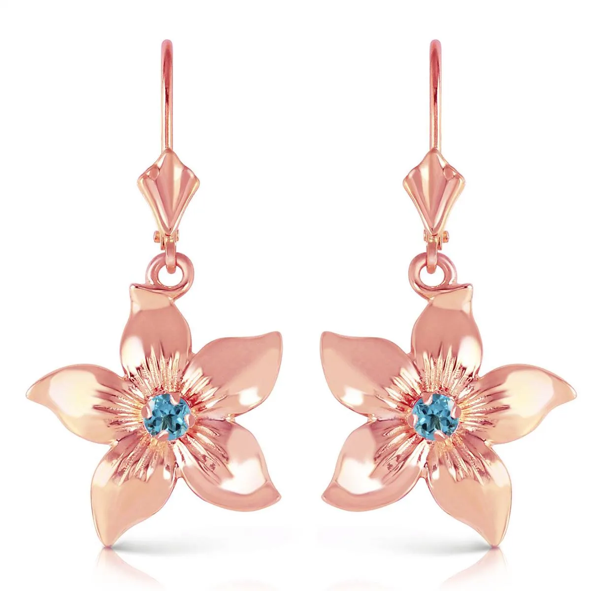 14K Solid Rose Gold Leverback Flowers Earrings w/ Blue Topaz