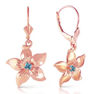 14K Solid Rose Gold Leverback Flowers Earrings w/ Blue Topaz