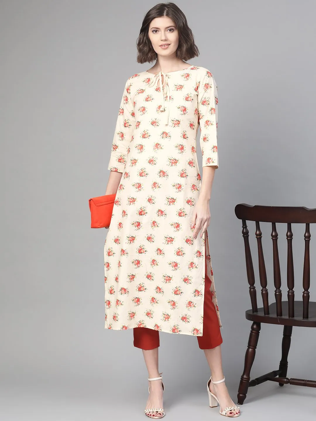 Adults-Women Cream & Peach Cotton Straight Floral Printed Kurta