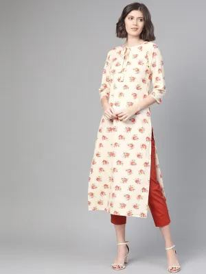 Adults-Women Cream & Peach Cotton Straight Floral Printed Kurta