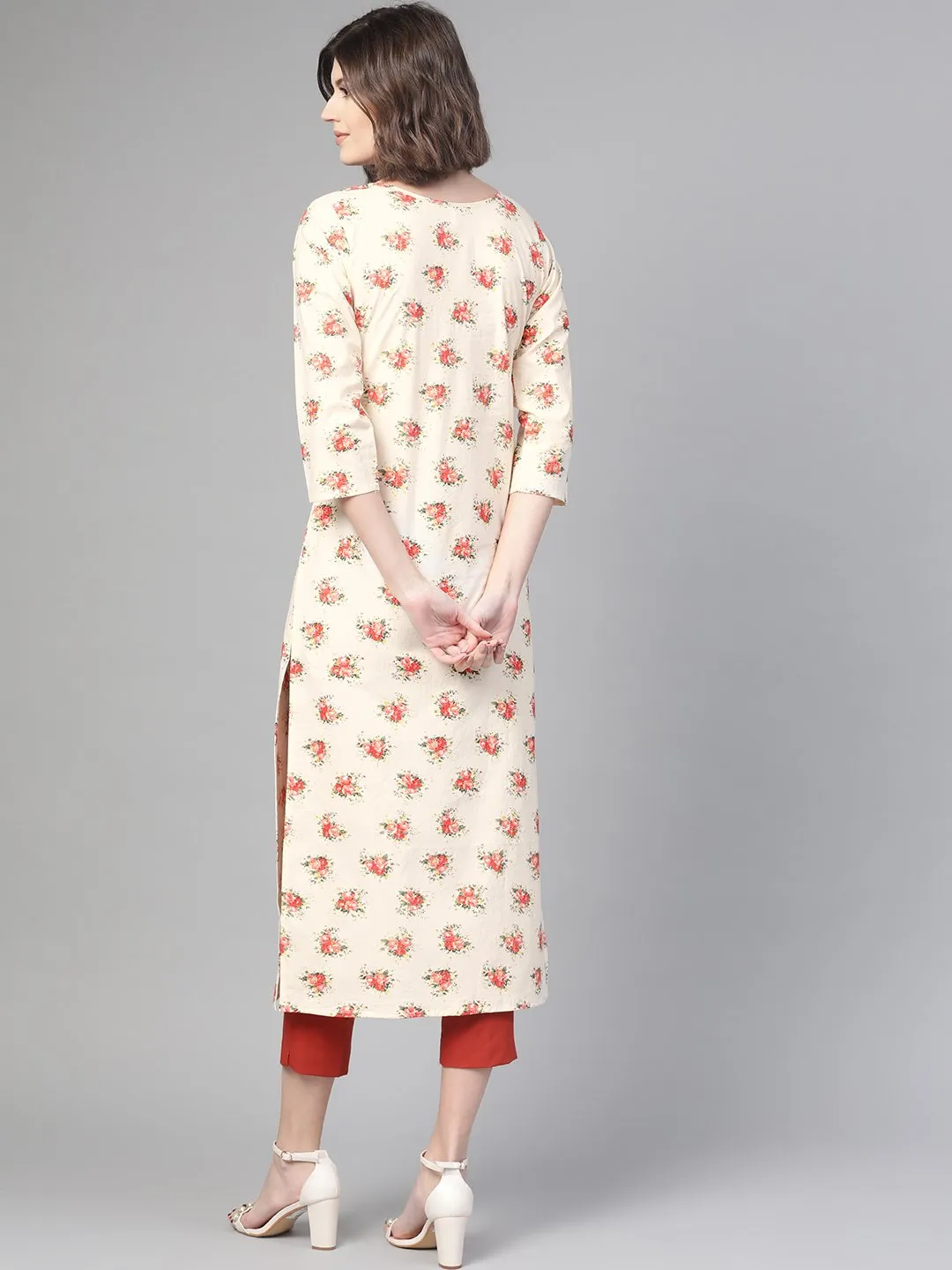 Adults-Women Cream & Peach Cotton Straight Floral Printed Kurta