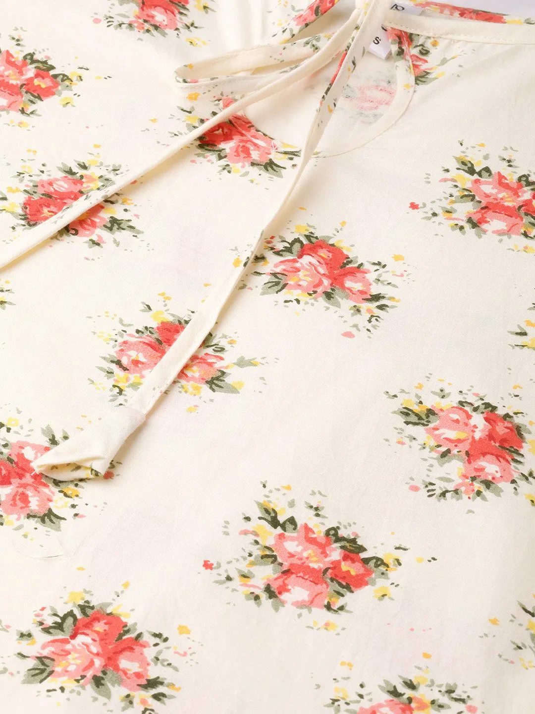 Adults-Women Cream & Peach Cotton Straight Floral Printed Kurta