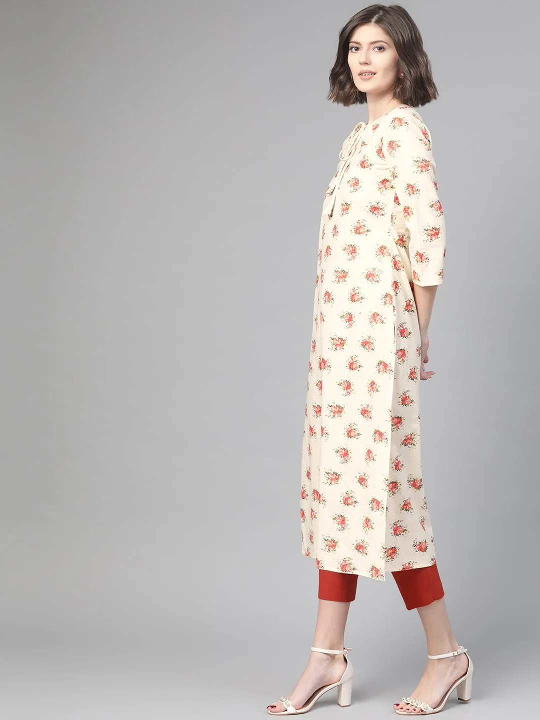 Adults-Women Cream & Peach Cotton Straight Floral Printed Kurta