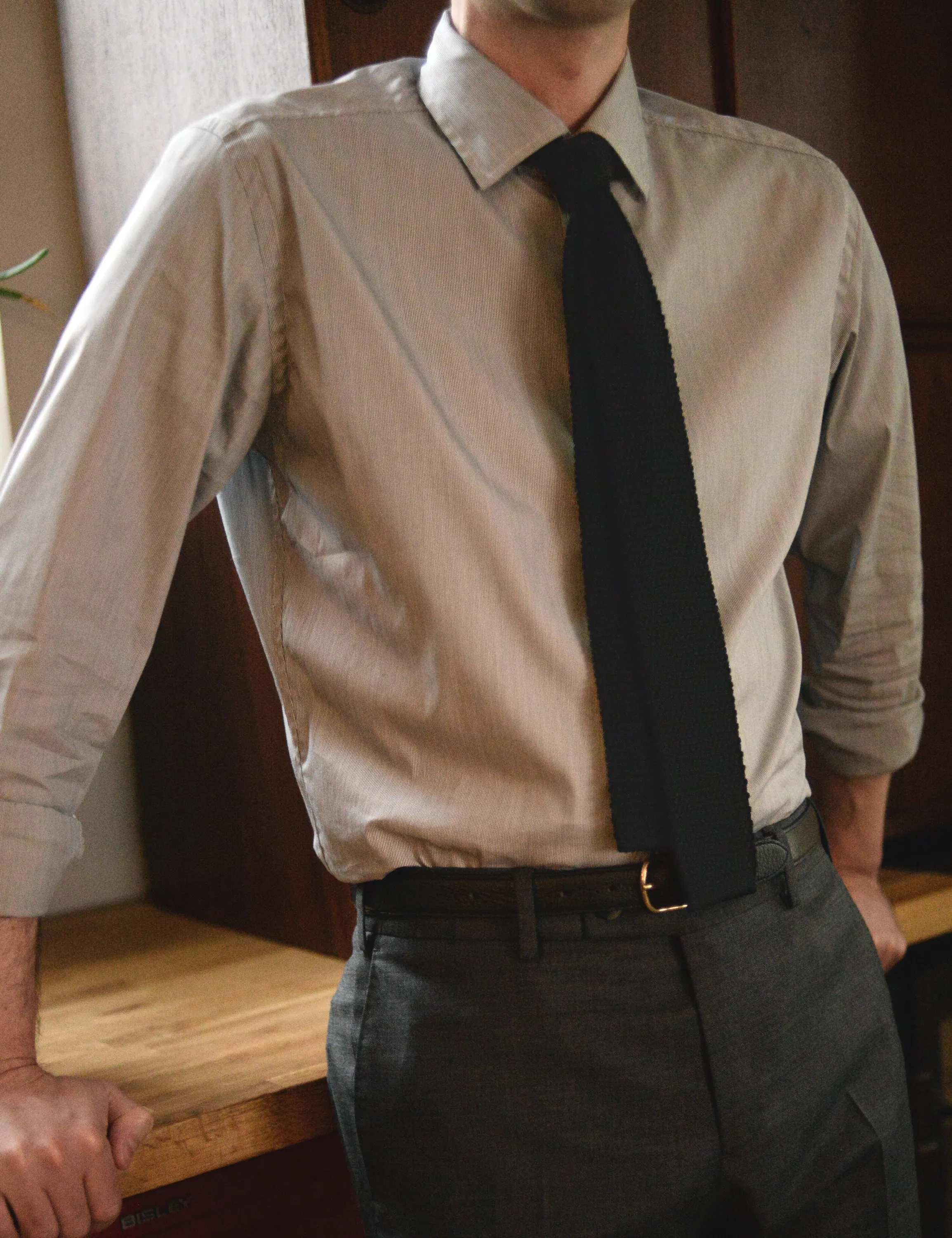 BKT20 Slim Dress Shirt in Hairline Stripe - Granite