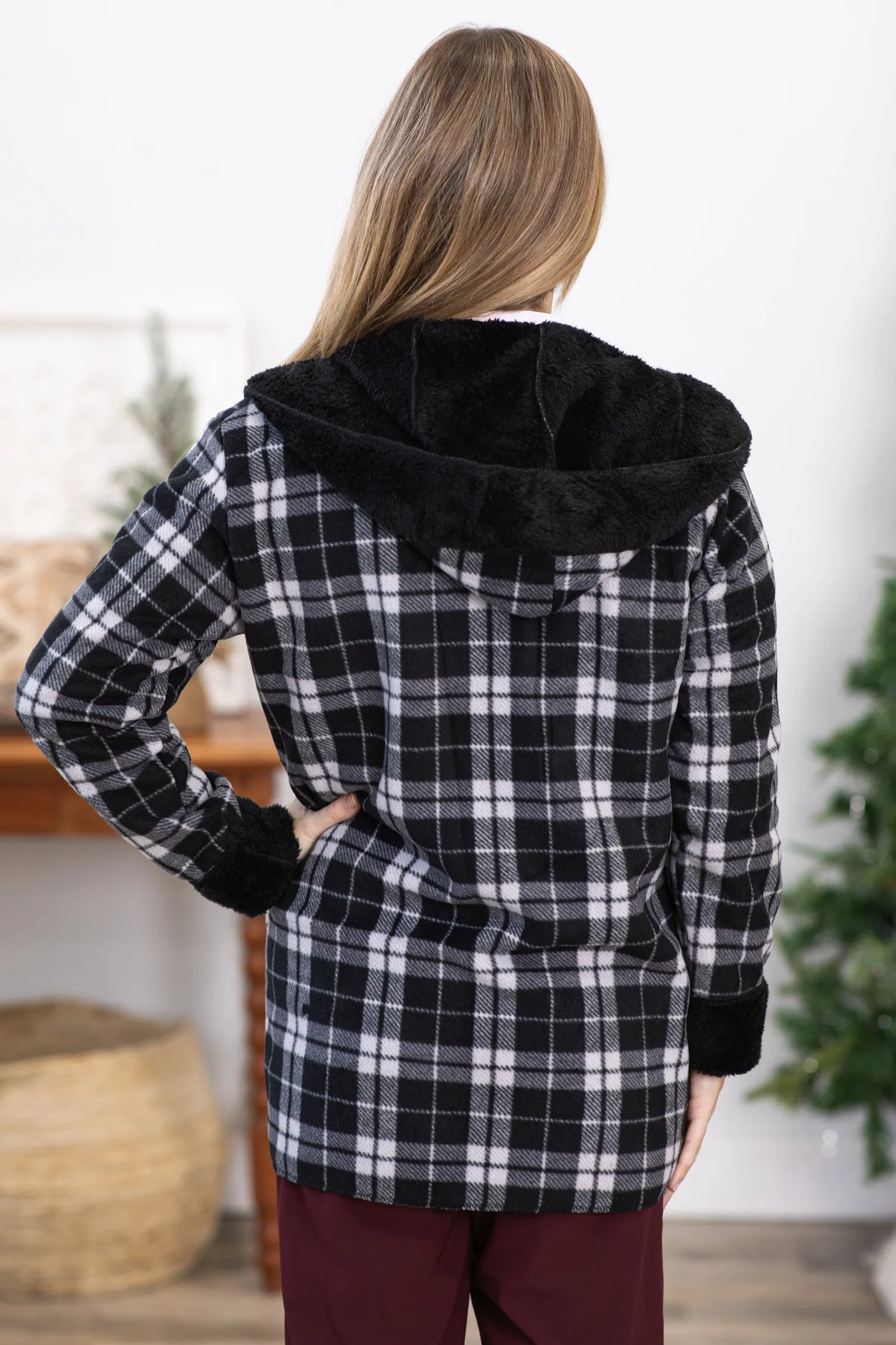 Black and Grey Plaid Faux Fur Lined Jacket