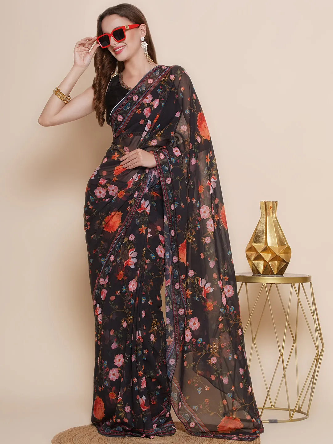 Black Floral Printed Georgette Sarees
