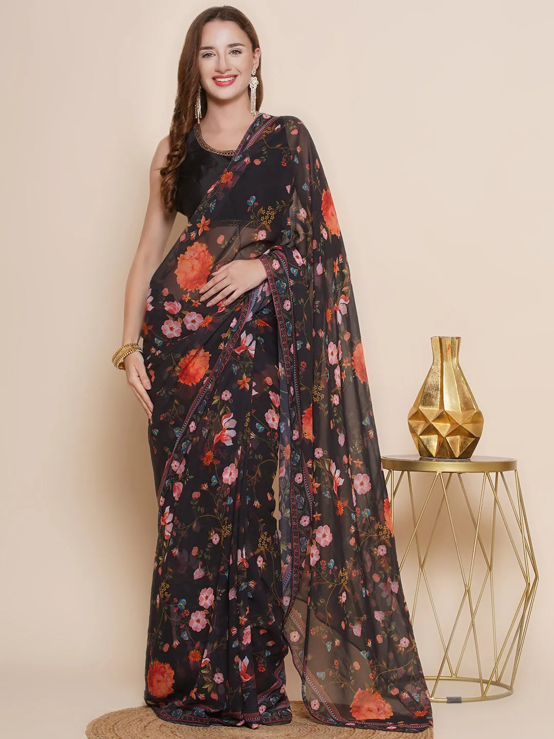 Black Floral Printed Georgette Sarees