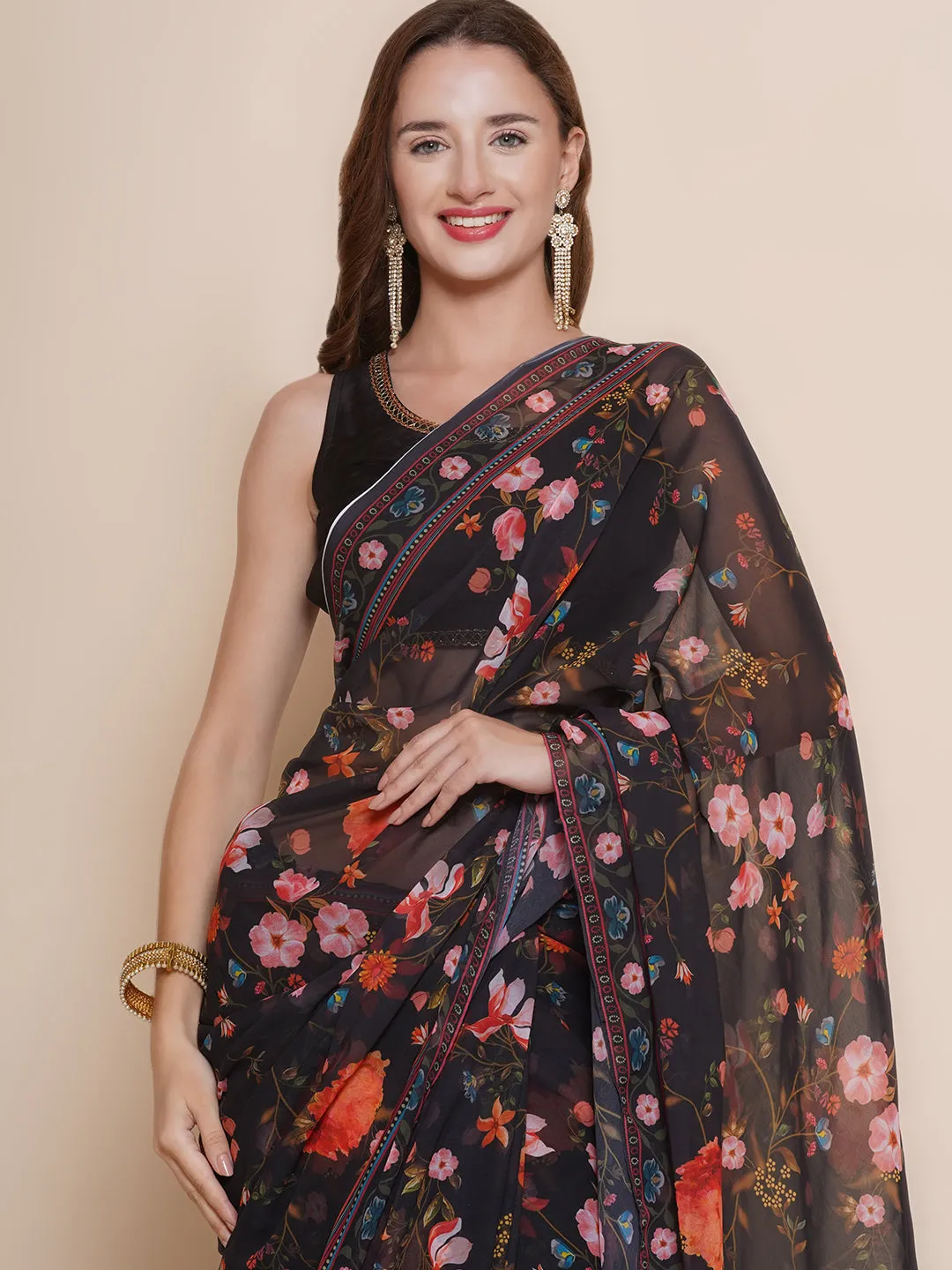 Black Floral Printed Georgette Sarees