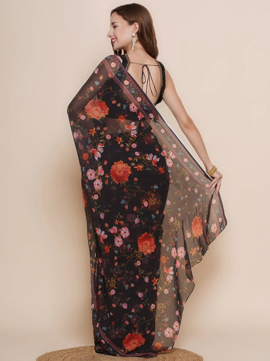 Black Floral Printed Georgette Sarees