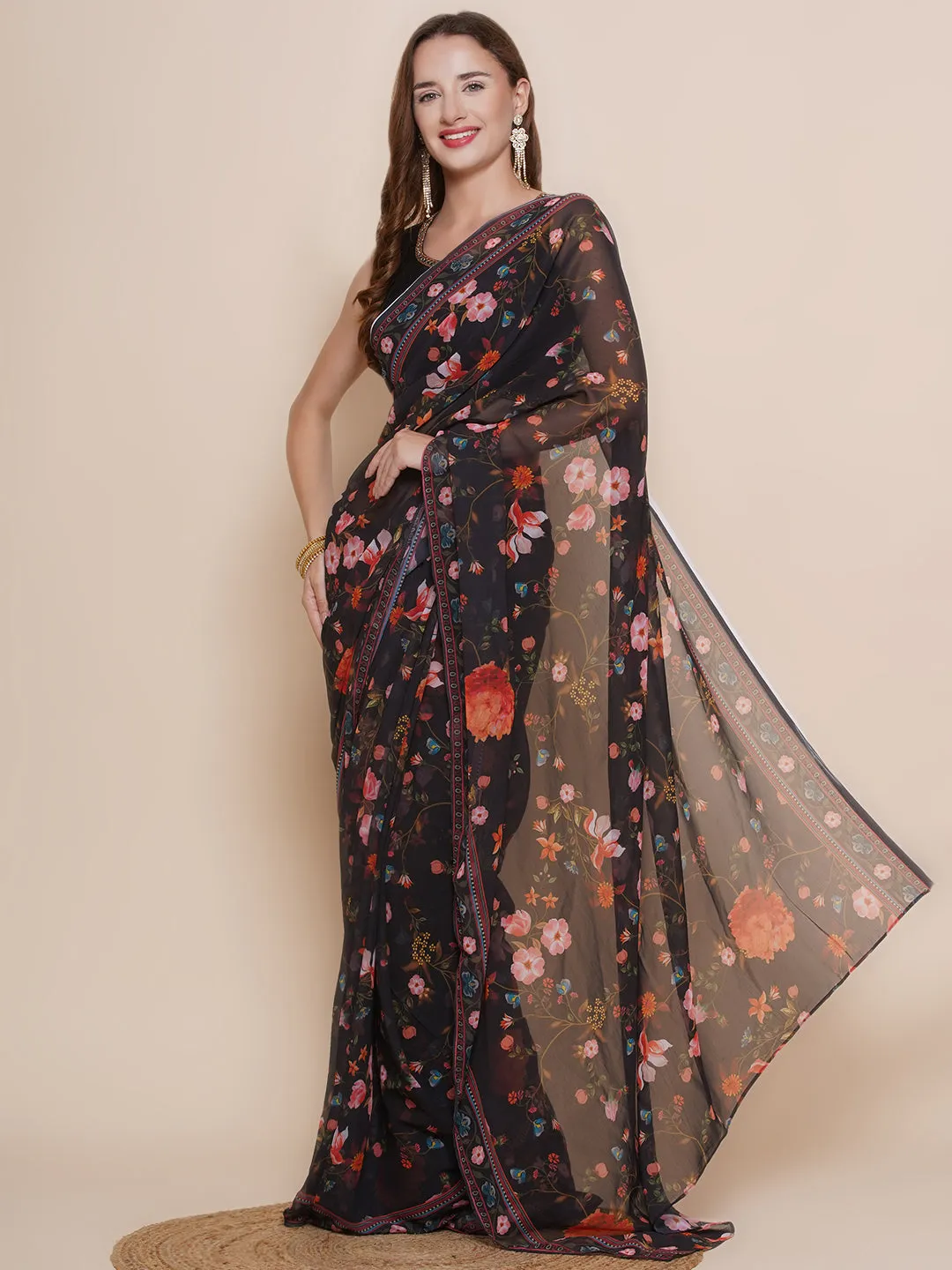 Black Floral Printed Georgette Sarees