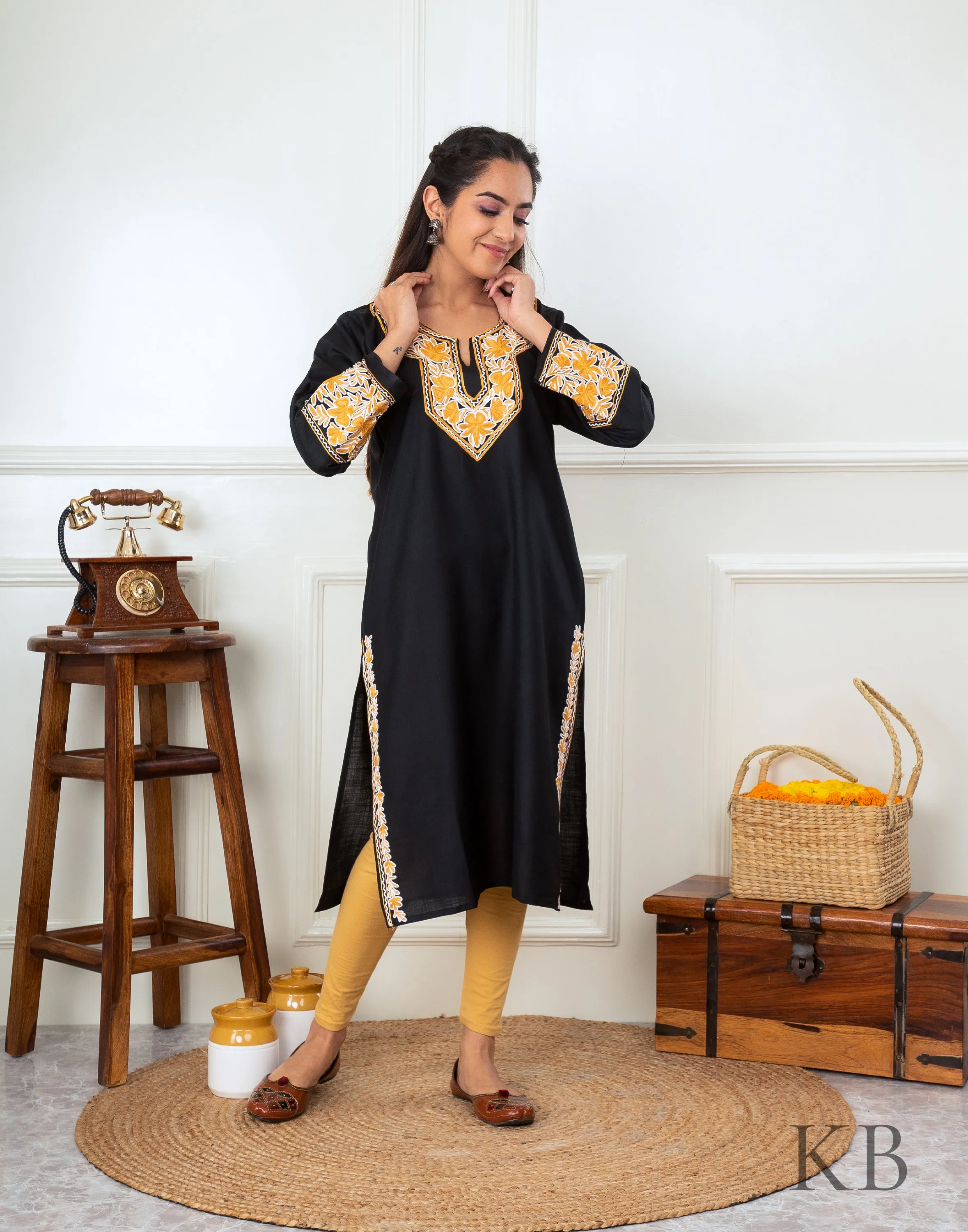 Black Marigold Aari Embroidered Cotton Kurti