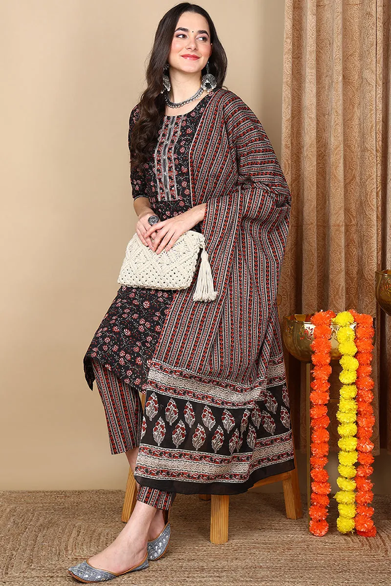 Black Pure Cotton Floral Printed Flared Style Suit Set