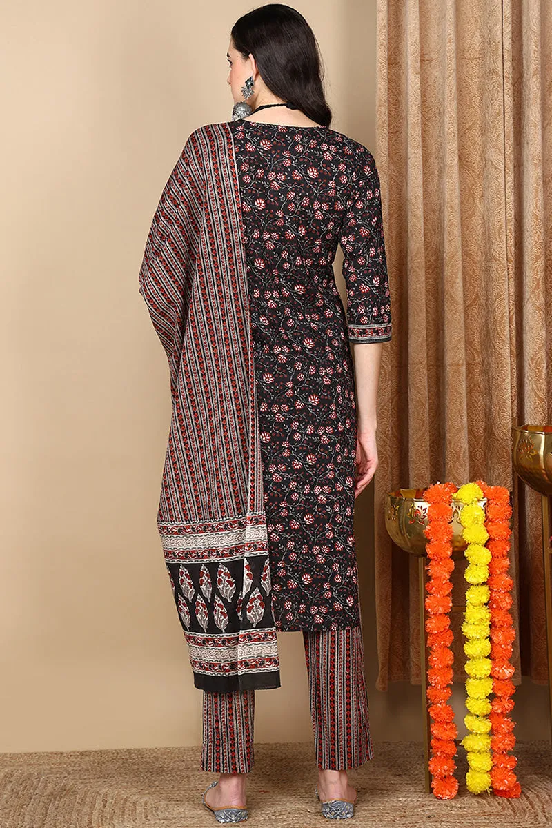 Black Pure Cotton Floral Printed Flared Style Suit Set