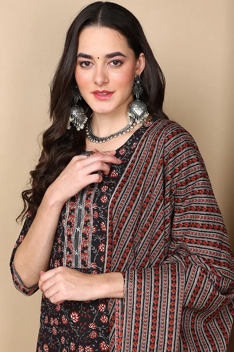 Black Pure Cotton Floral Printed Flared Style Suit Set