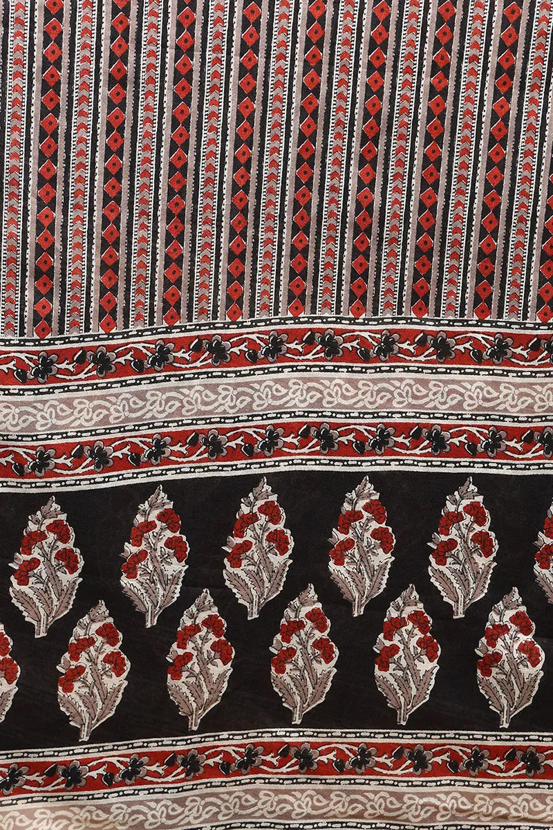 Black Pure Cotton Floral Printed Flared Style Suit Set