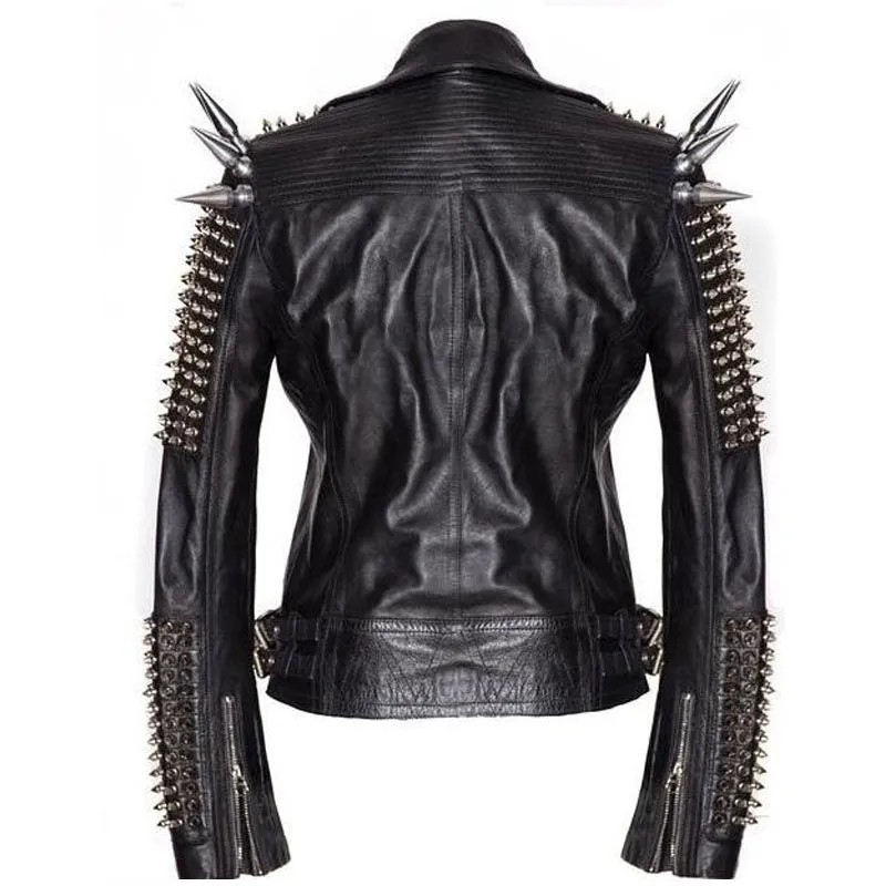 Buy Best Black Women Genuine Classical Punk Style Leather Jacket Large Spike Silver Studs