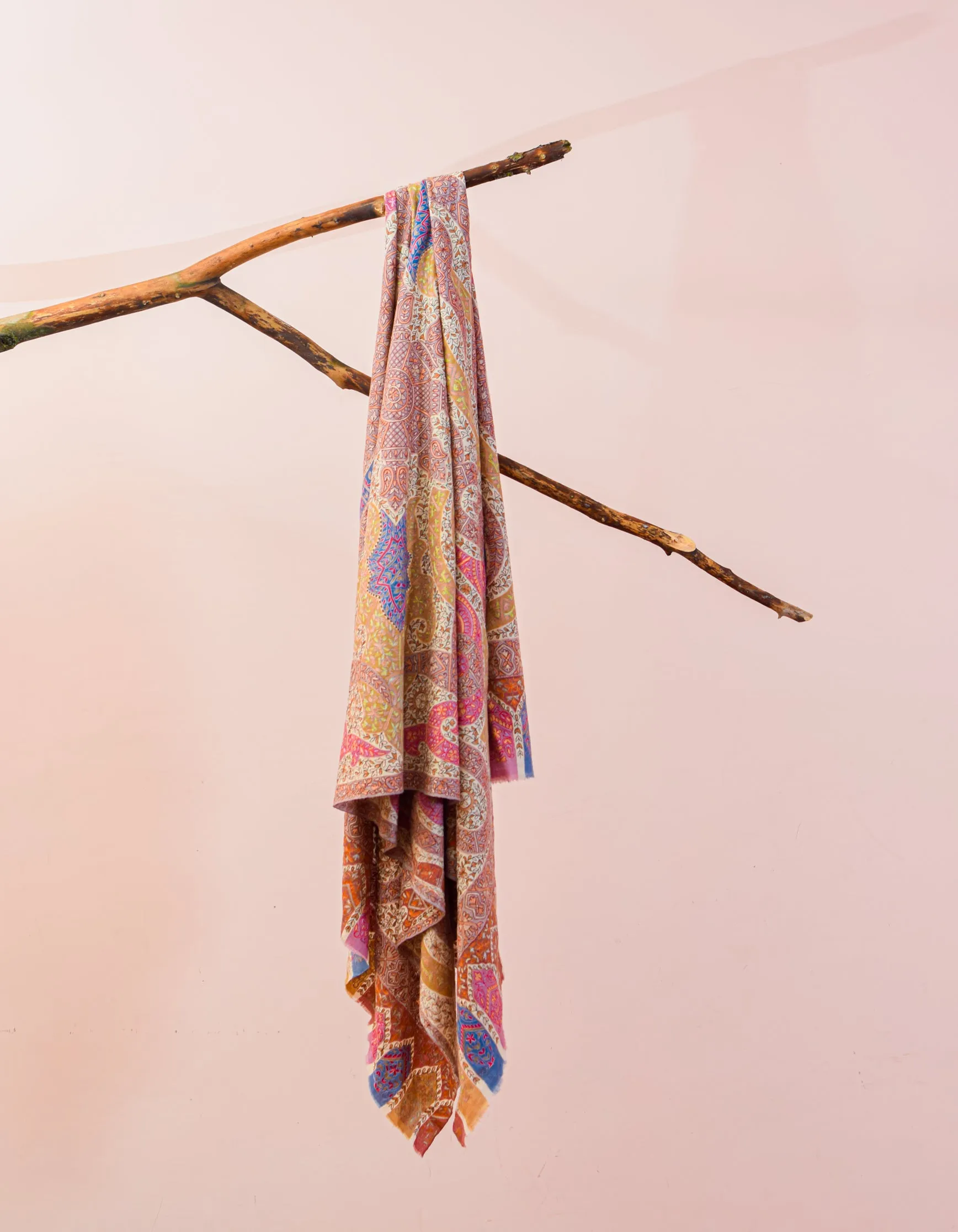 Cream Kalamkari Handwoven Sozni Embroidered Jamawar Pashmina Shawl