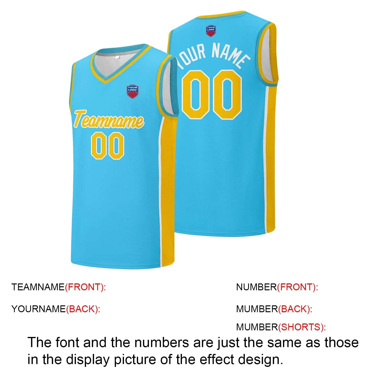 Custom basketball jersey shorts for men and women. Embroidered and printed name, number and logo Light Blue&Yellow