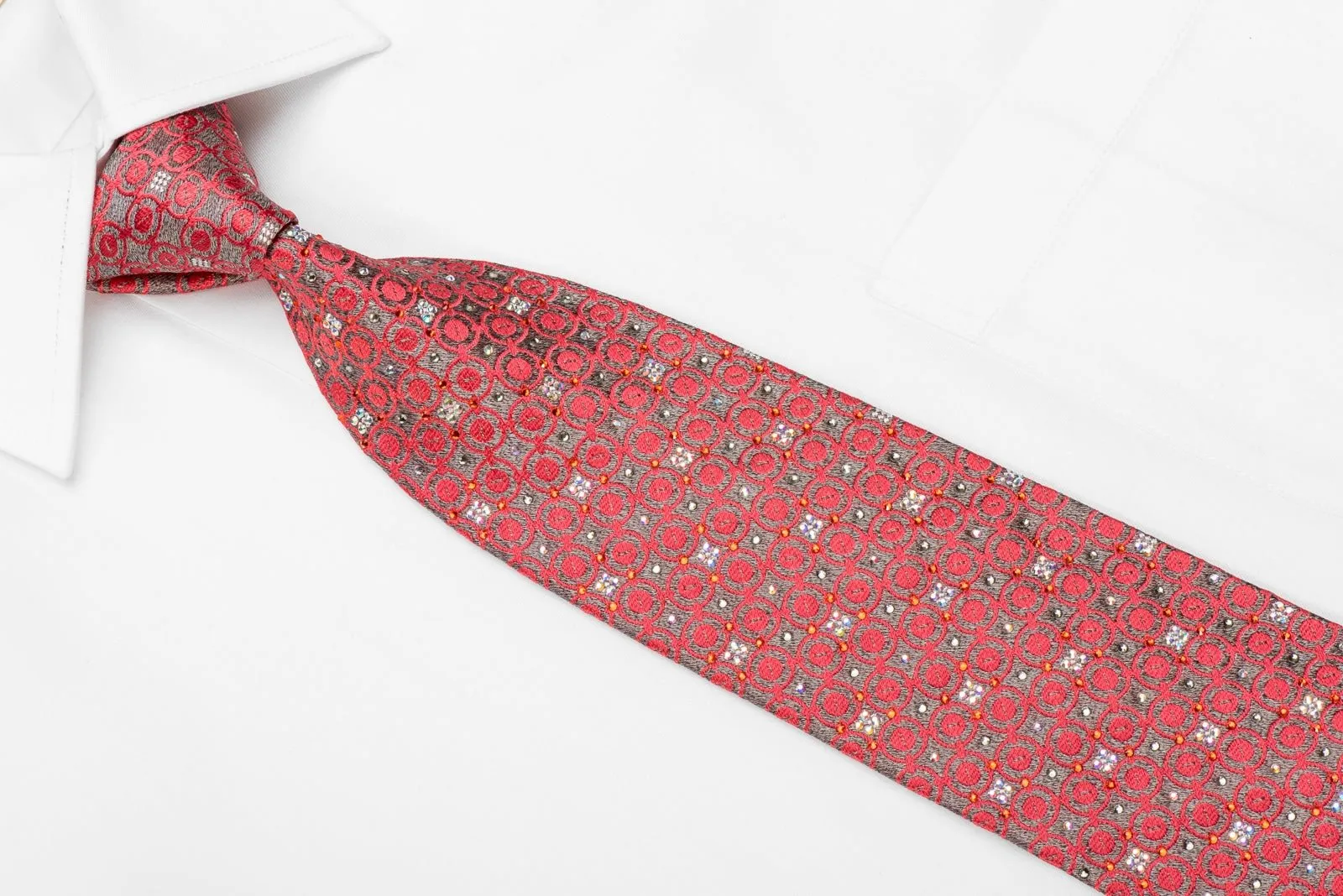 Daks Mens Crystal Silk Necktie Pink Geometric On Silver Sparkling With Rhinestones