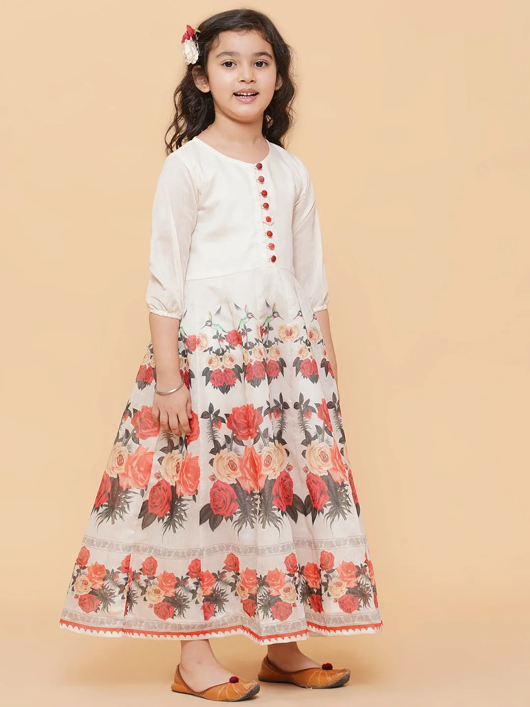 Girls Beige Floral Printed Anarkali Kurti With Dupatta