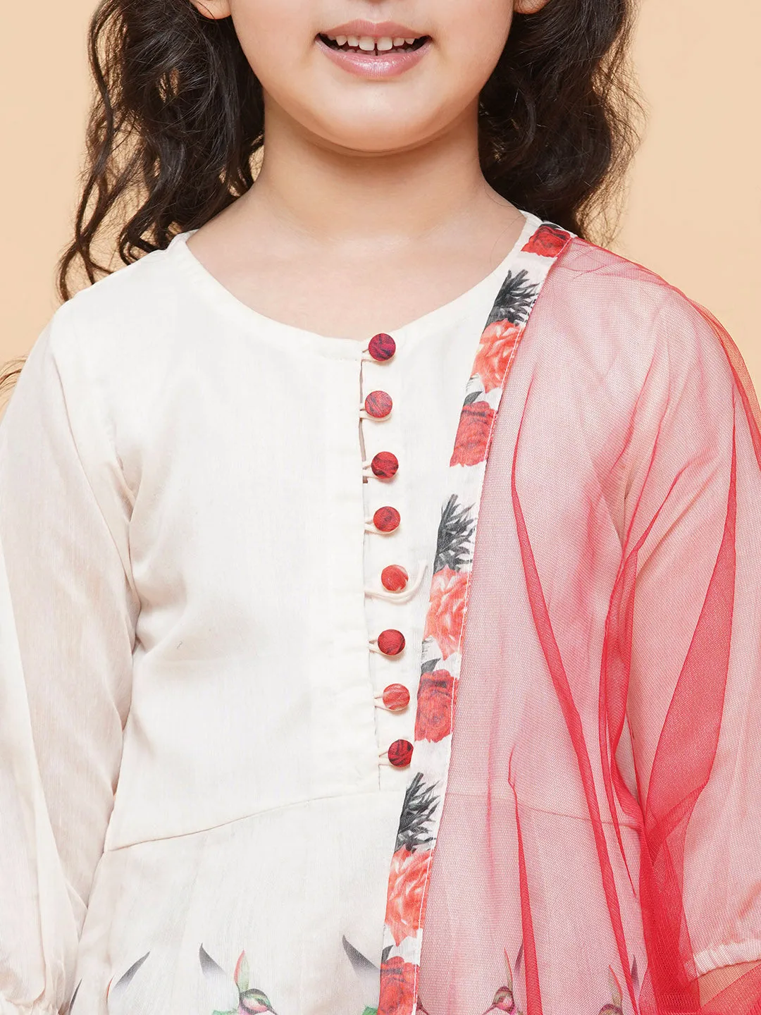 Girls Beige Floral Printed Anarkali Kurti With Dupatta