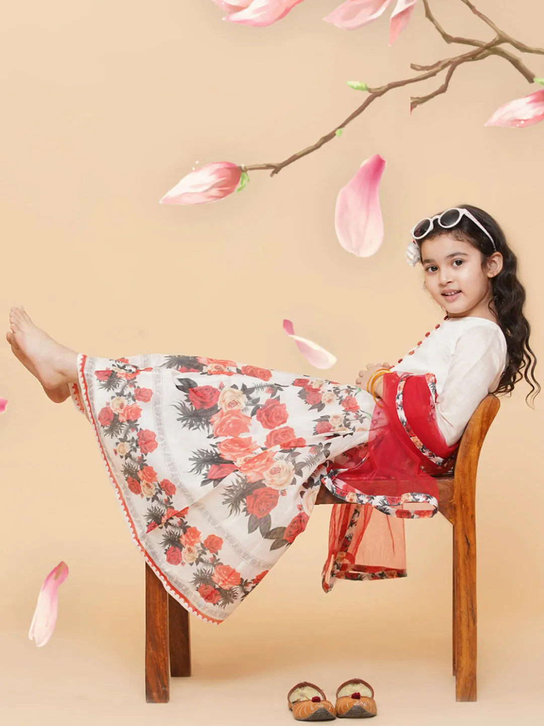Girls Beige Floral Printed Anarkali Kurti With Dupatta