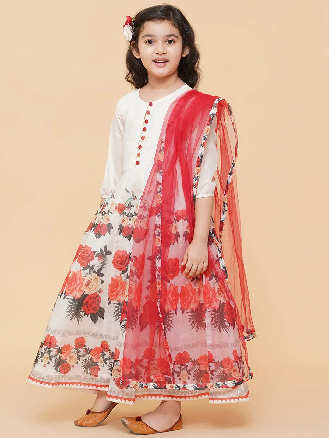 Girls Beige Floral Printed Anarkali Kurti With Dupatta