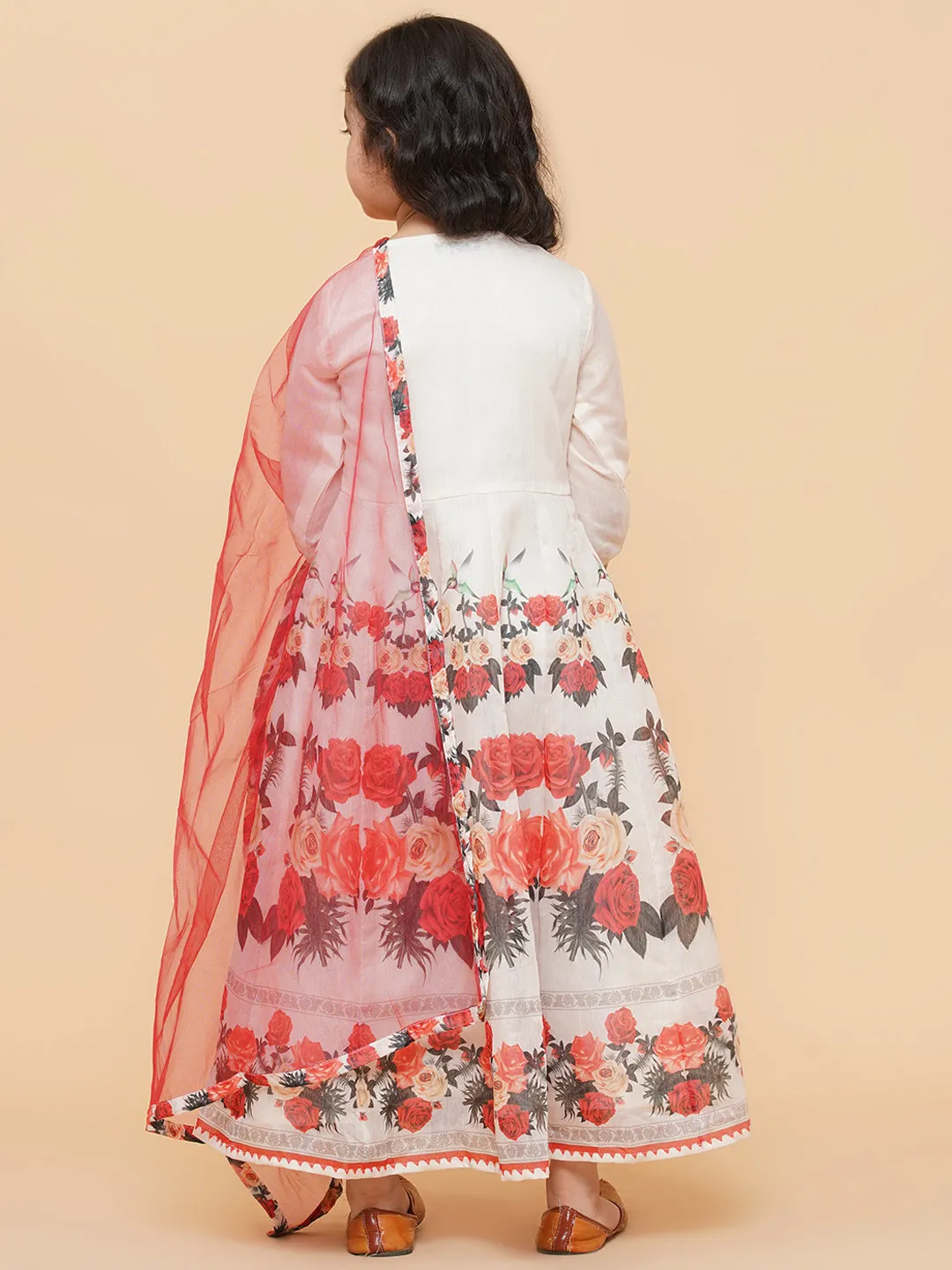Girls Beige Floral Printed Anarkali Kurti With Dupatta