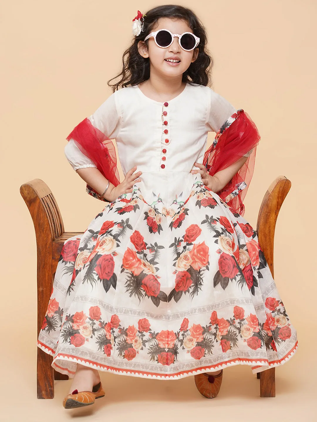 Girls Beige Floral Printed Anarkali Kurti With Dupatta
