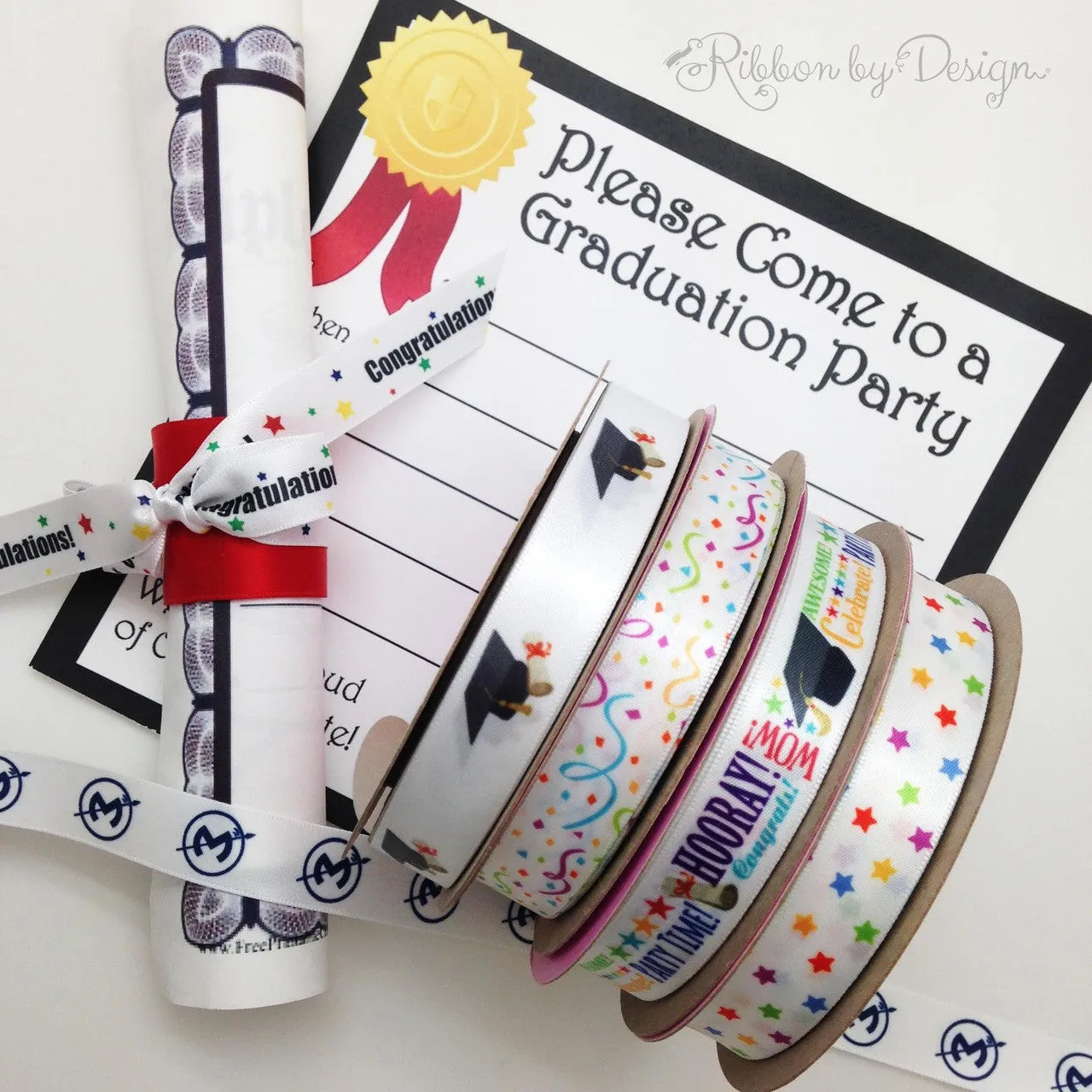 Graduation ribbon word block for gift wrap, candy shop, party favors, cookies, sweets table, cake pops, printed on 5/8"  white satin