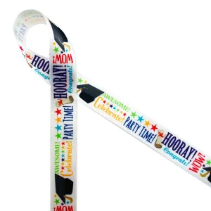 Graduation ribbon word block for gift wrap, candy shop, party favors, cookies, sweets table, cake pops, printed on 5/8"  white satin