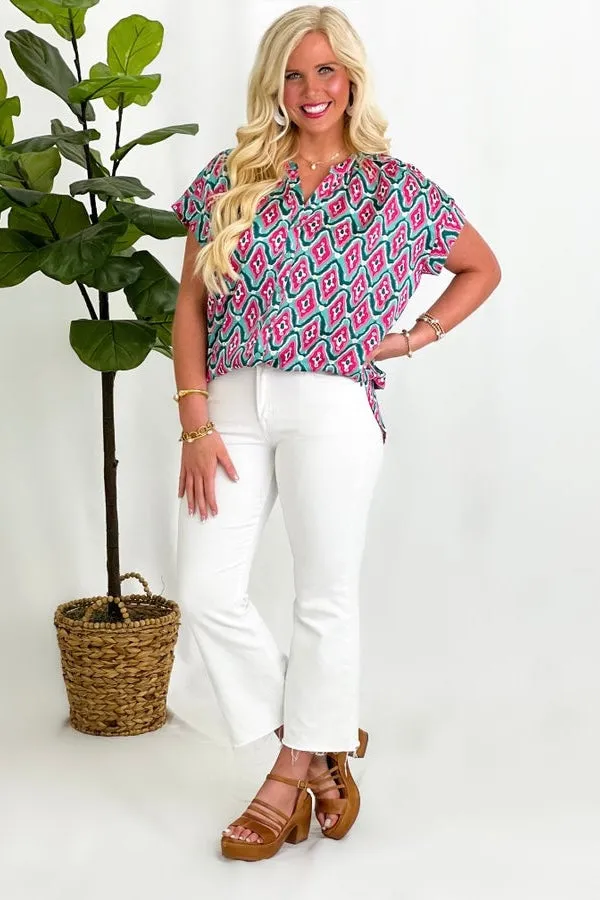 Green Printed Button Down Top *Final Sale*
