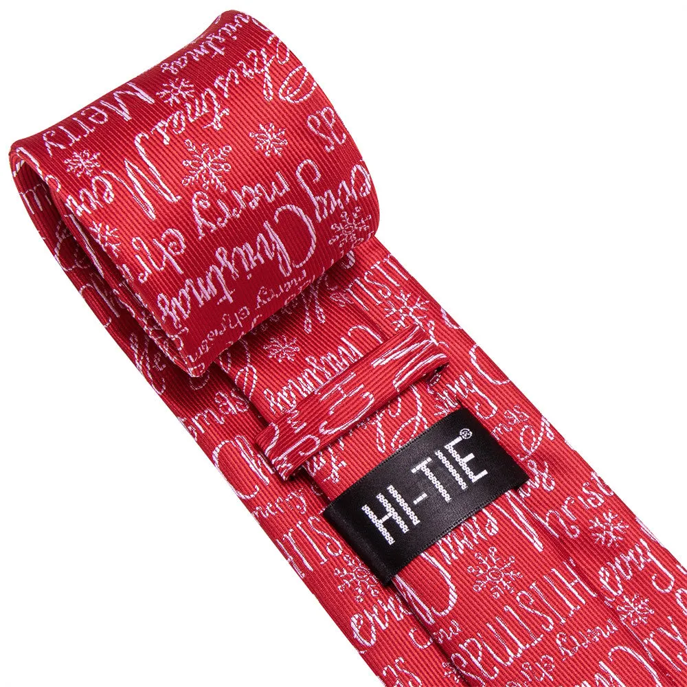 Hi-Tie Red White Christmas Letter Silk Necktie Pocket Square Cufflinks Set