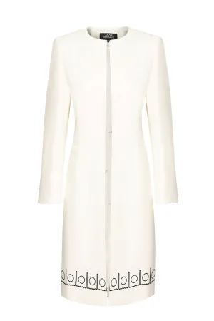 Ivory Faille Dress Coat with Black Embroidery - Vanya