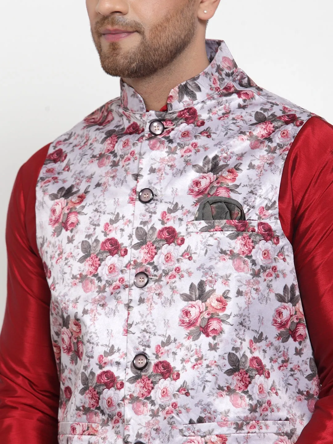 Jashvi Men's Silver Printed Nehru Jacket